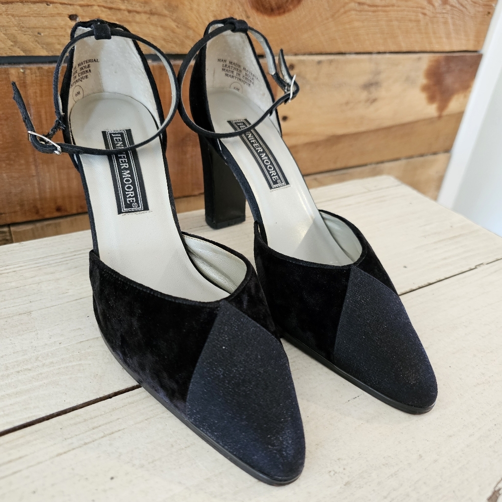 Jennifer Moore black satin and velvet strappy heels size 6